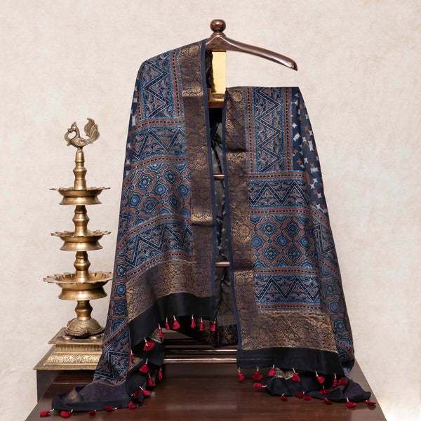 Ajrakh Hand Block Chanderi Silk Kurta Fabric & Dupatta