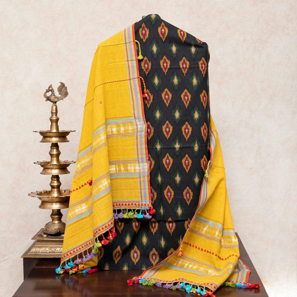 Handloom Cotton Ikkat Unstitched Suit Set with Kala Cotton Dupatta