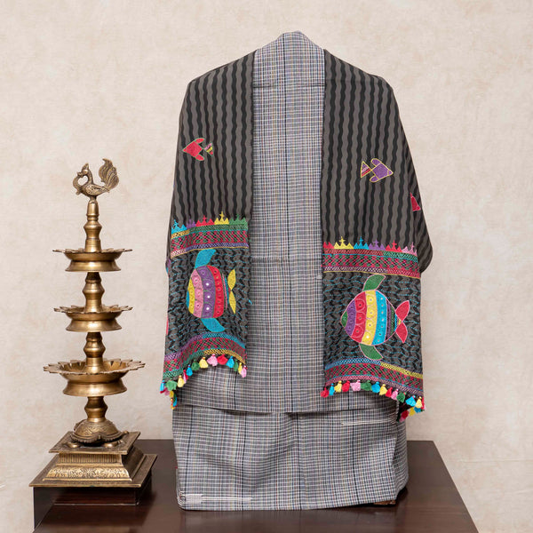 Handloom Cotton Check Suit Set with Embroidered Stole