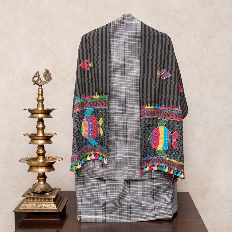 Handloom Cotton Check Suit Set with Embroidered Stole