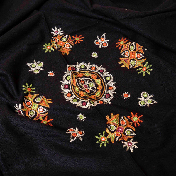 Handwoven Woollen Black Shawl With Mirror Work