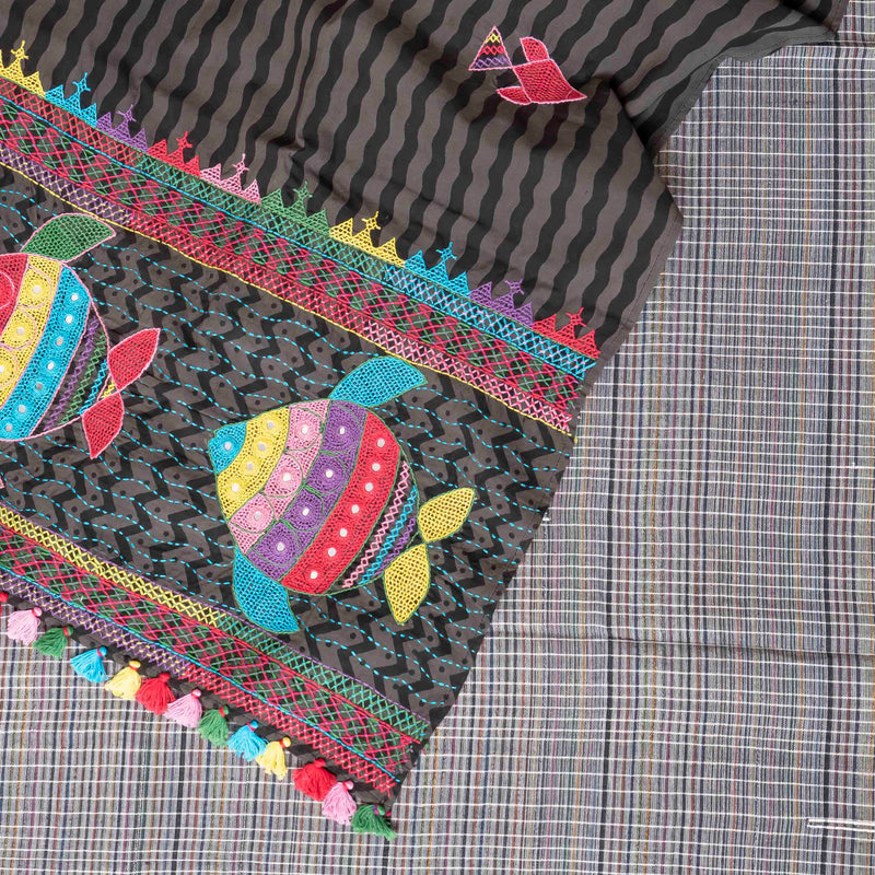Handloom Cotton Check Suit Set with Embroidered Stole