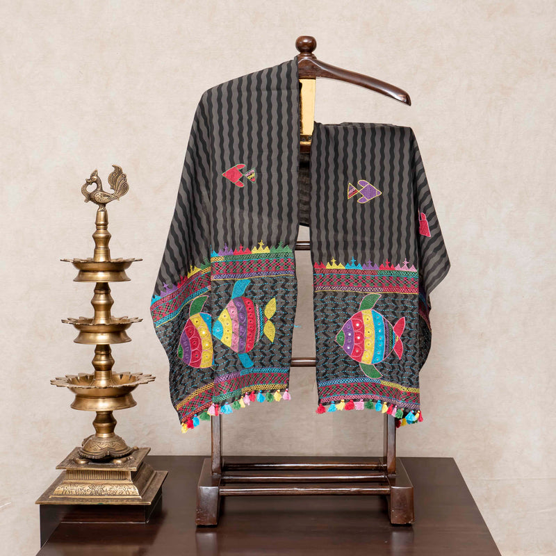 Handloom Cotton Check Suit Set with Embroidered Stole