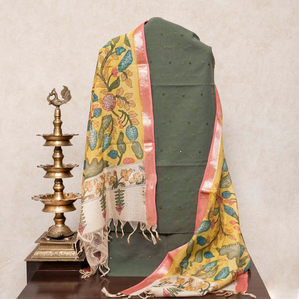 Handloom Kala Cotton Suit Set with Mirror Work & Kalamkari Dupatta
