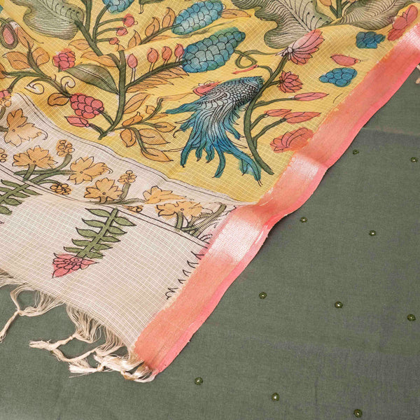 Handloom Kala Cotton Suit Set with Mirror Work & Kalamkari Dupatta