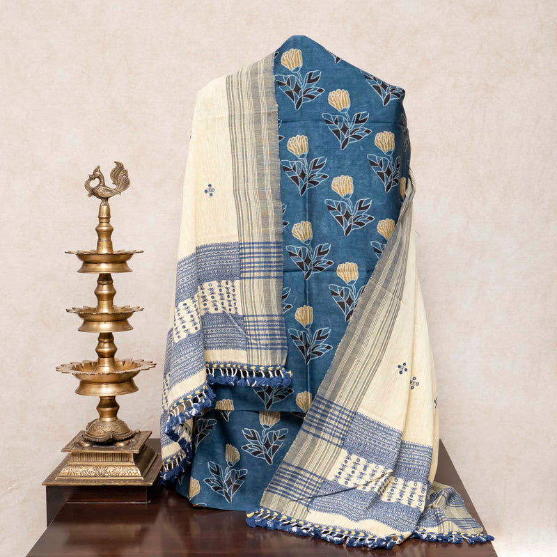 Hand Block Chanderi Silk Suit Set with Kala Cotton Dupatta