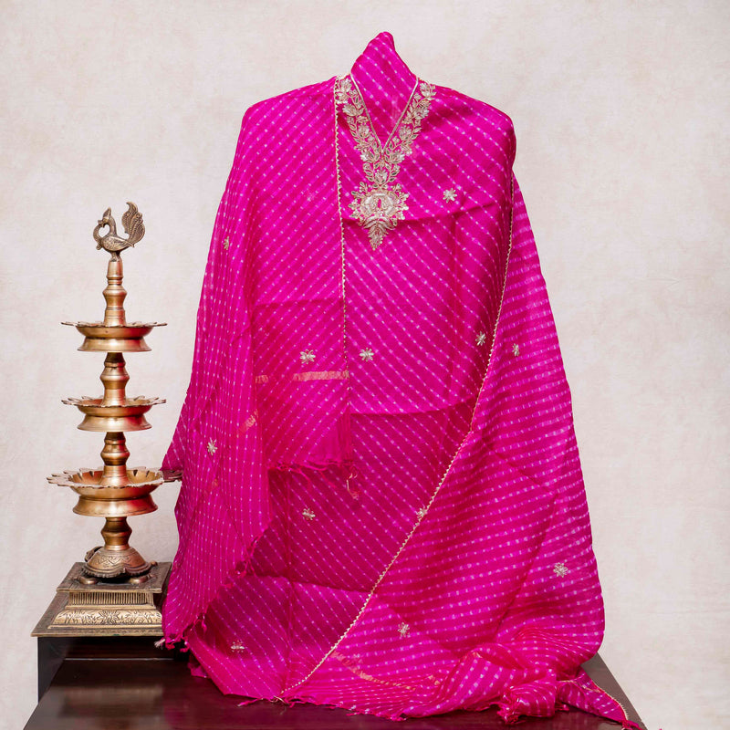 Kota Silk Tie-Dye Kurta & Dupatta – Zari Embroidery