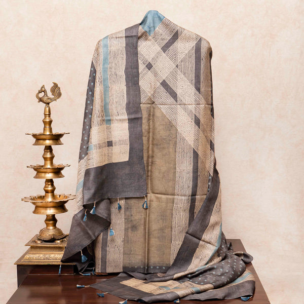 Hand Block Ajrakh Tussar Silk Kurta Fabric & Dupatta