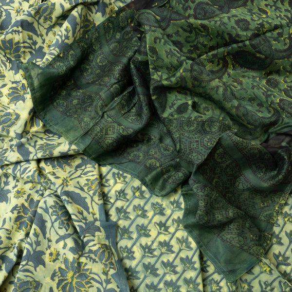 Hand Block Sage Green Cotton Kurta, Bottom Fabric With Chanderi Silk Hand Block Dupatta