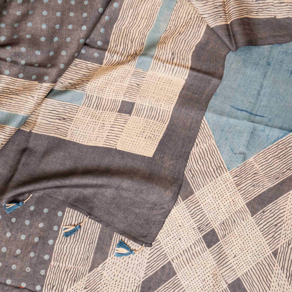 Hand Block Ajrakh Tussar Silk Kurta Fabric & Dupatta