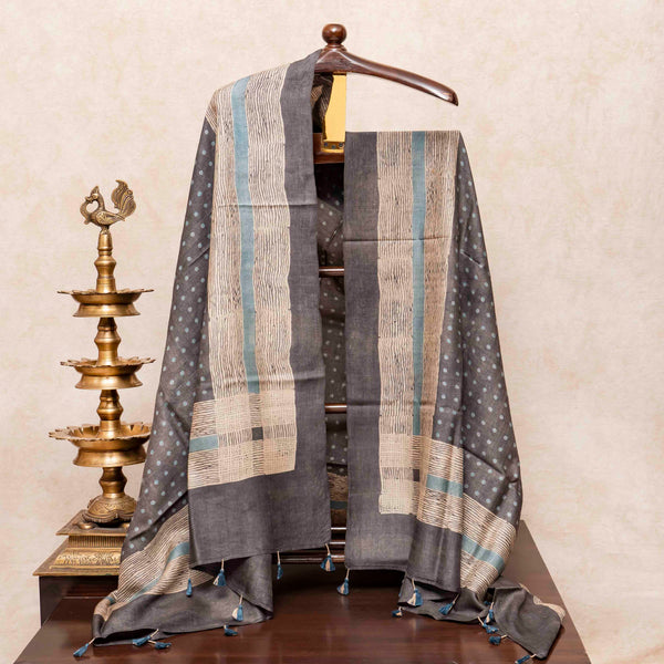 Hand Block Ajrakh Tussar Silk Kurta Fabric & Dupatta