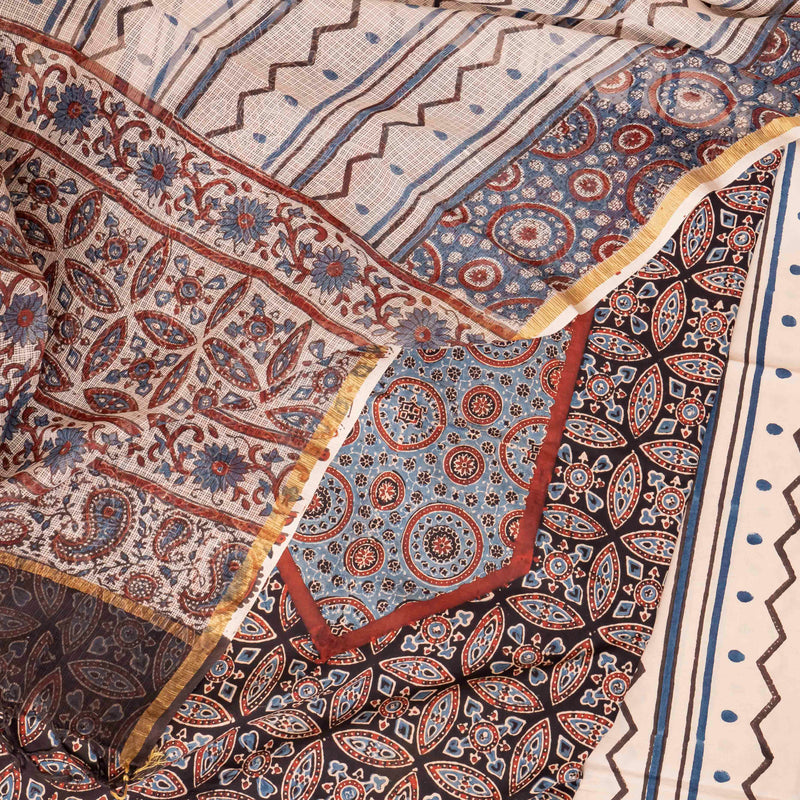 Ajrakh Hand Block Cotton Suit Set with Kota Doria Dupatta