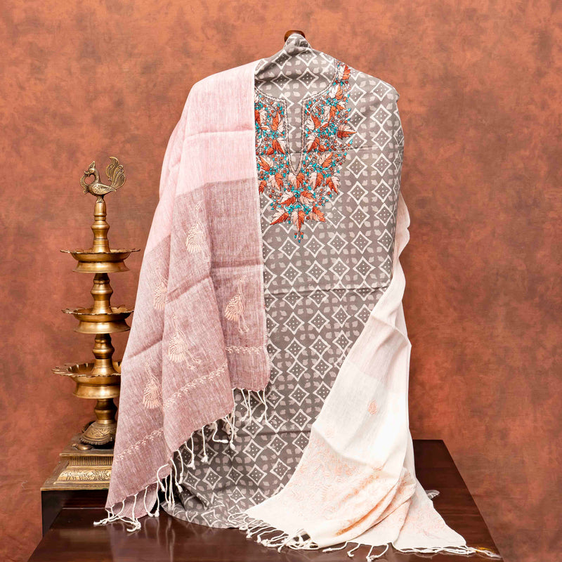 Hand Block Cotton Kurta Fabric With Kashmiri Hand Embroidery & Cotton Linen Chikankari Hand Embroidered Stole