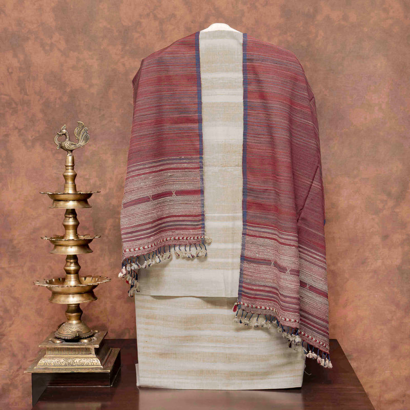 Handloom Khadi Cotton Suit Set with Kutchi Weave Stole